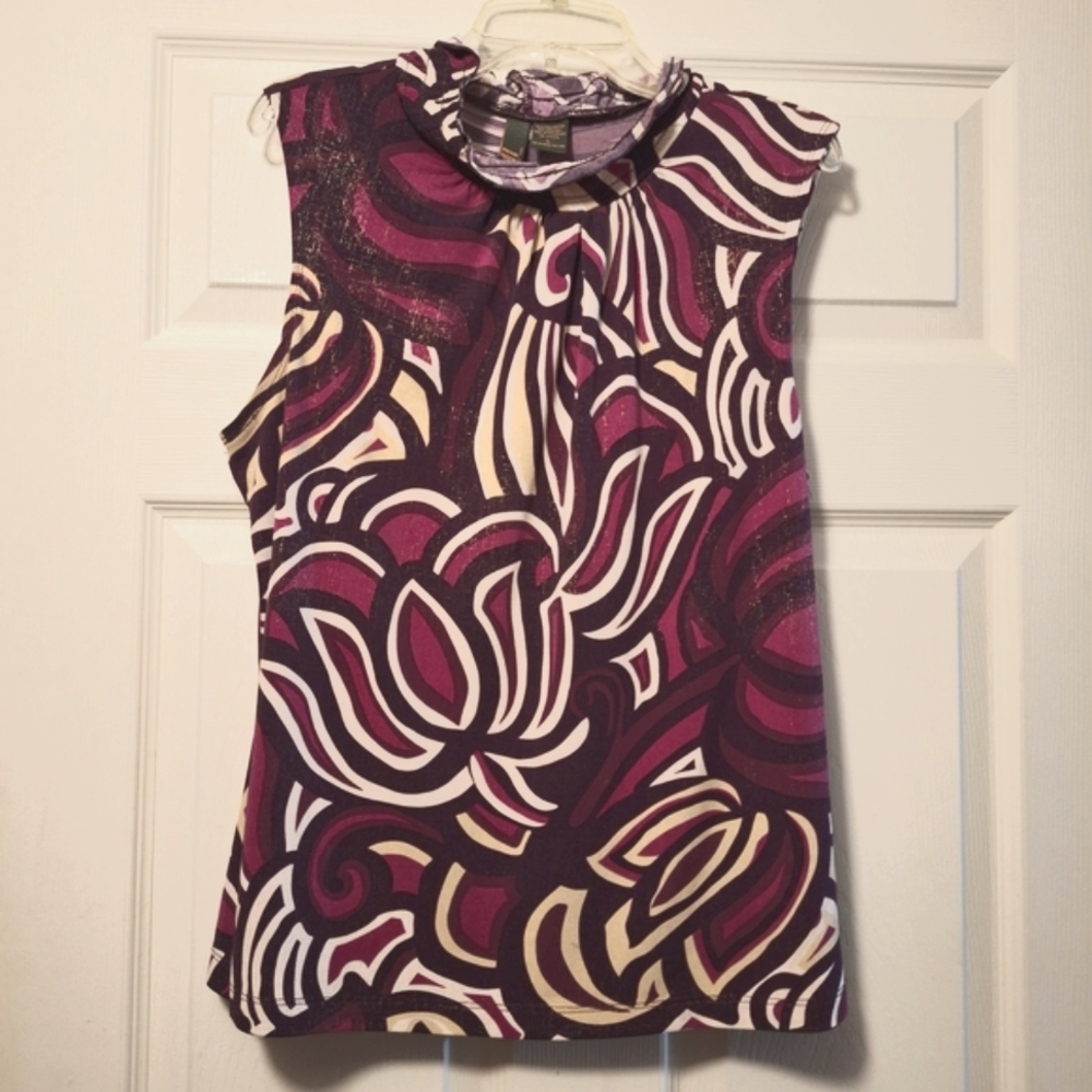 Purple and Tan Ruffled Graphic Blouse